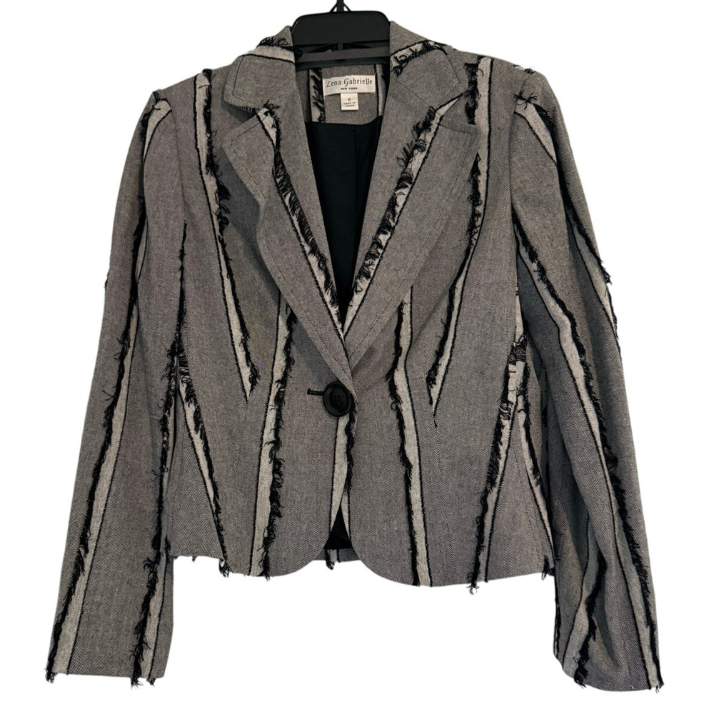 Lena Gabrielle Gray Black Fringe Textured Blazer Size 8 - Picture 2 of 6